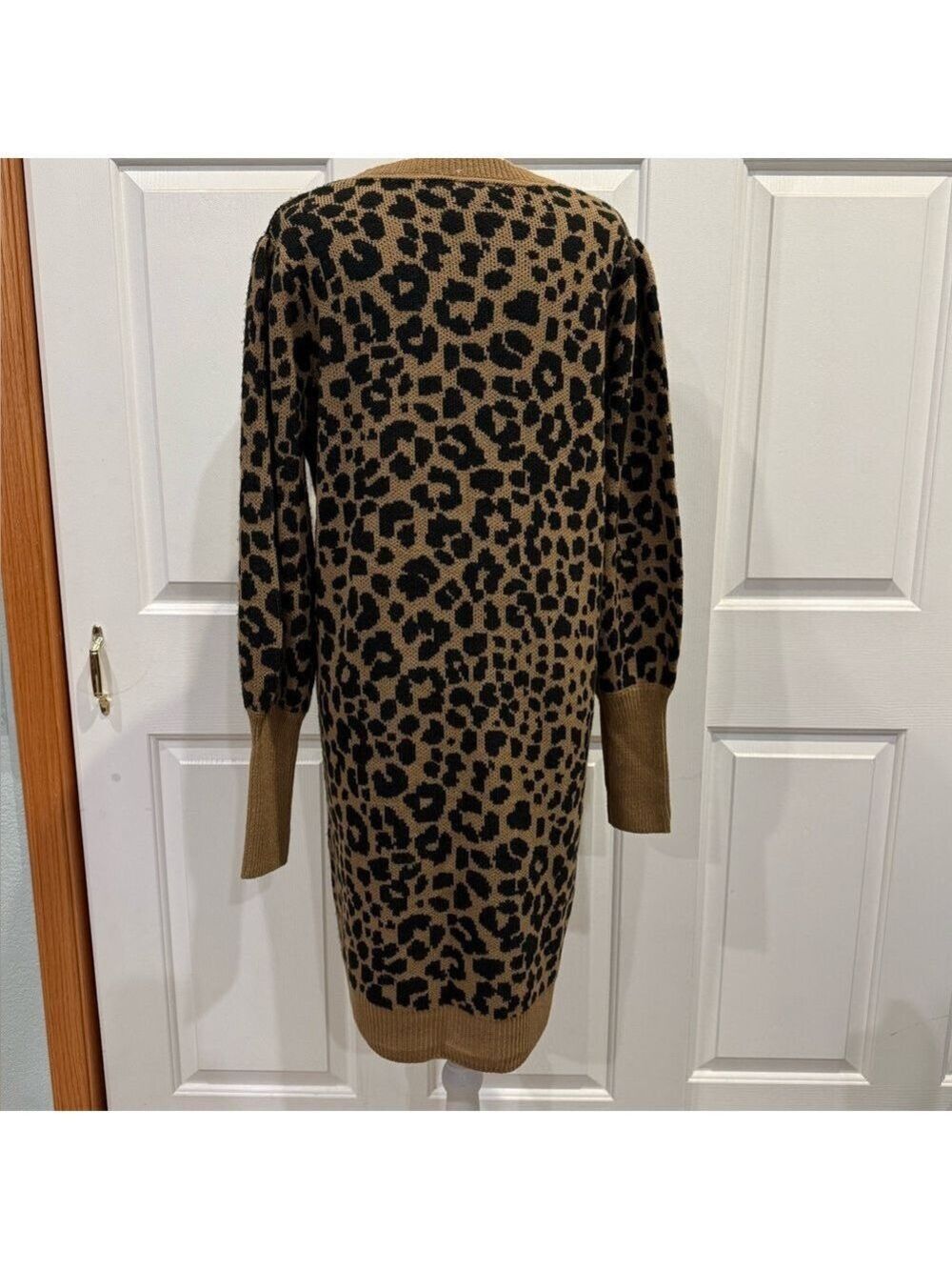 Leopard Print Sweater Dress Camel Black Long Sleeve Knit Dress Large - Picture 5 of 6